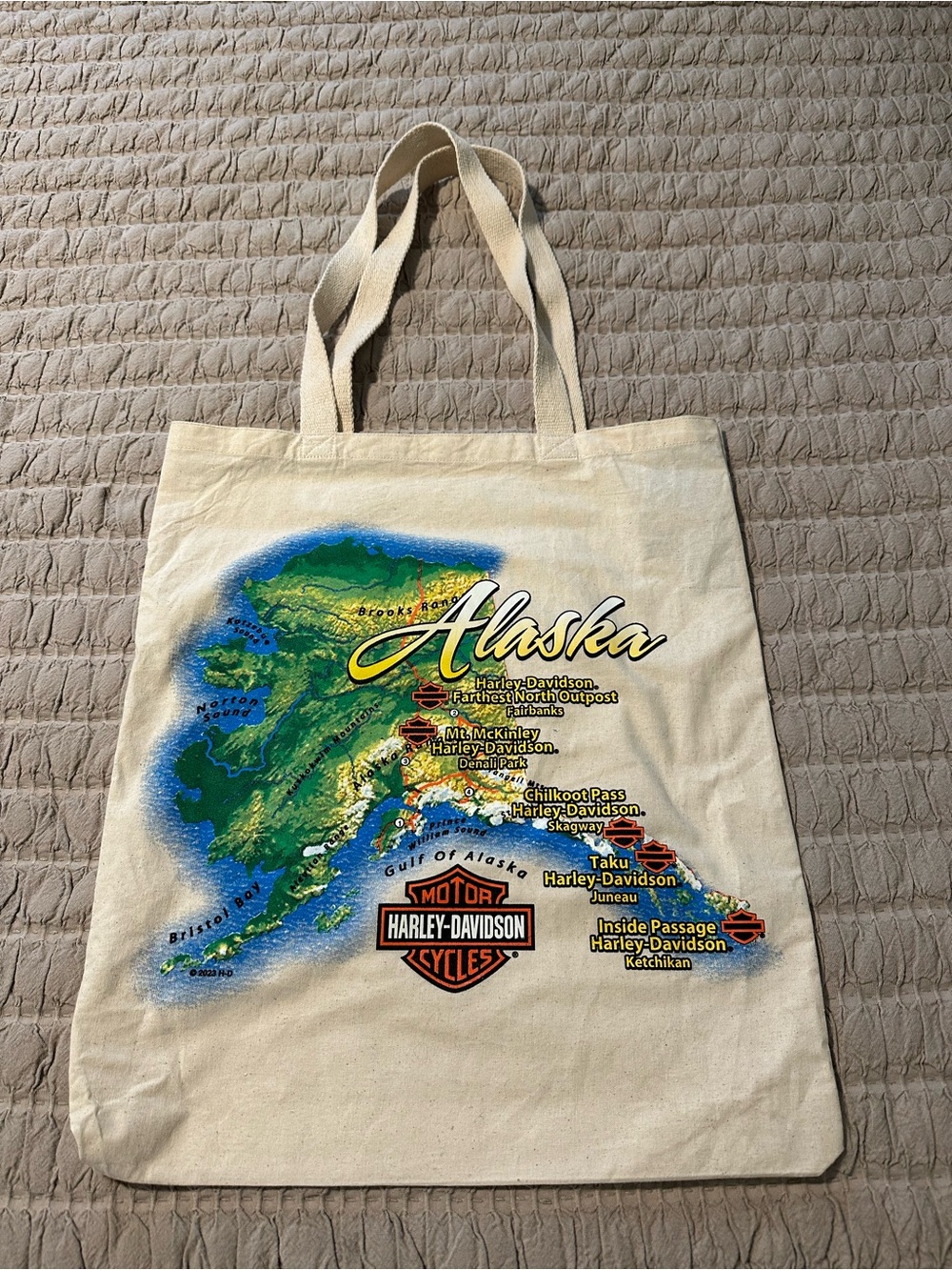 Harley-Davidson Cream Canvas Book Bag Tote with Colorful Alaska Map Print